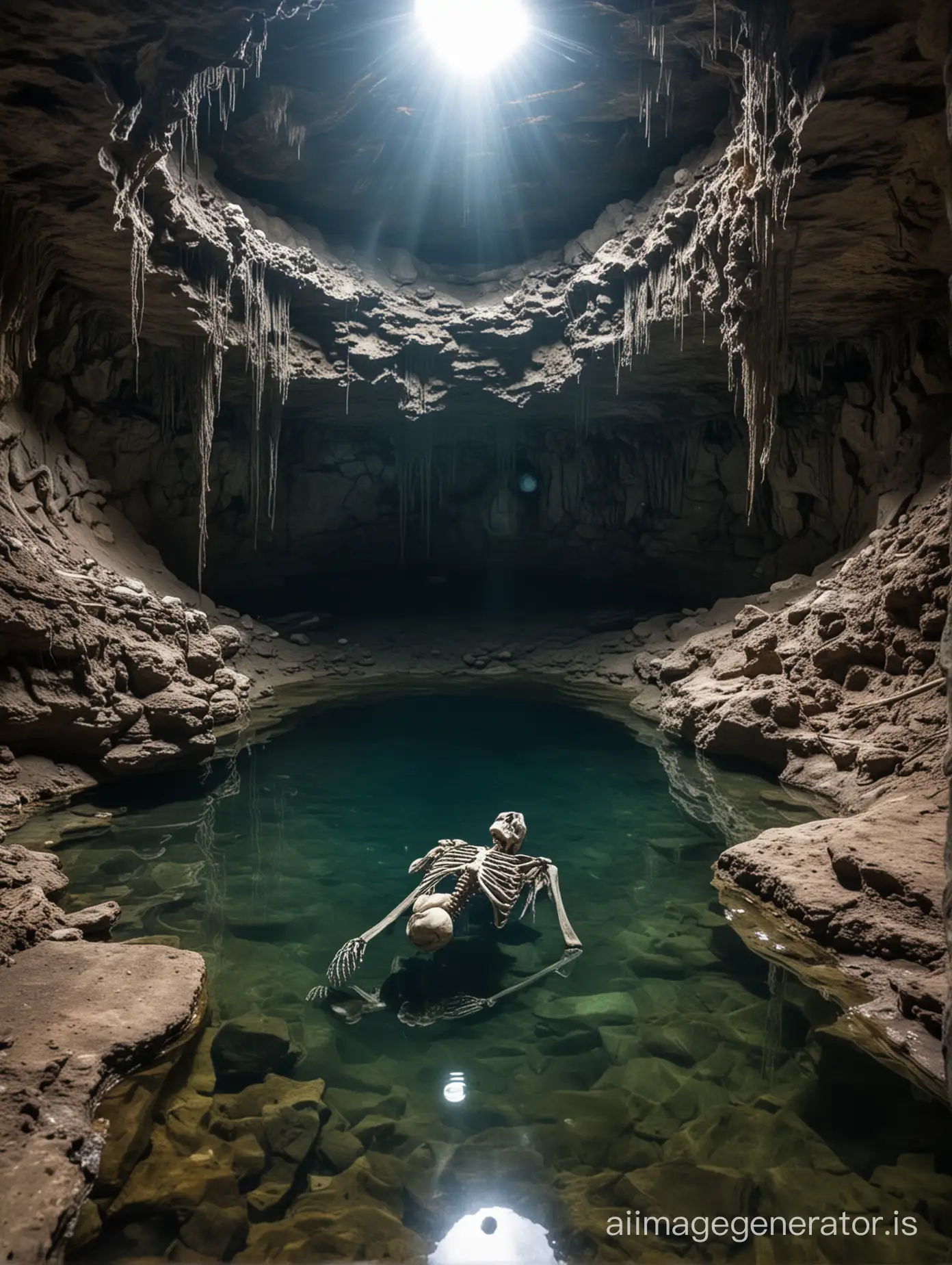 skeleton laying at the very bottom of an underground lake. underground cavern