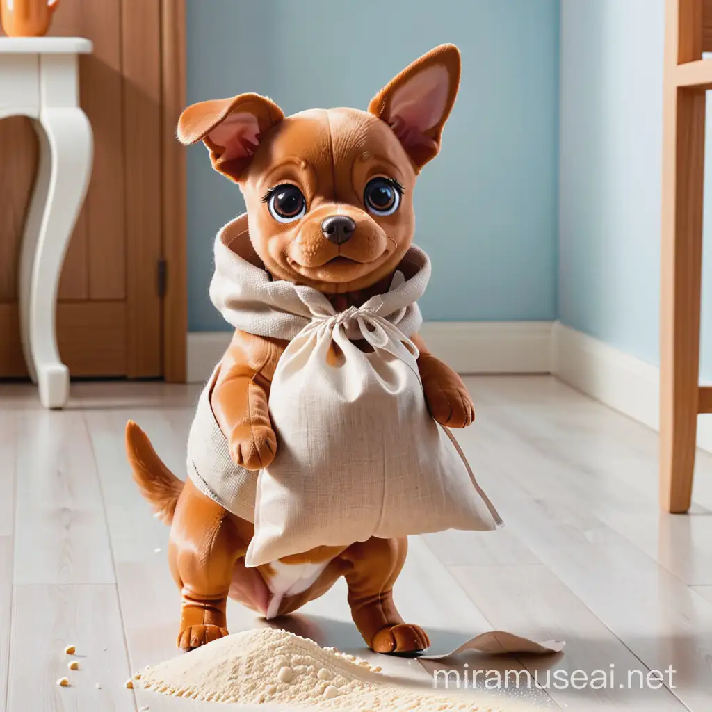 a toy dog carries flour in a sack