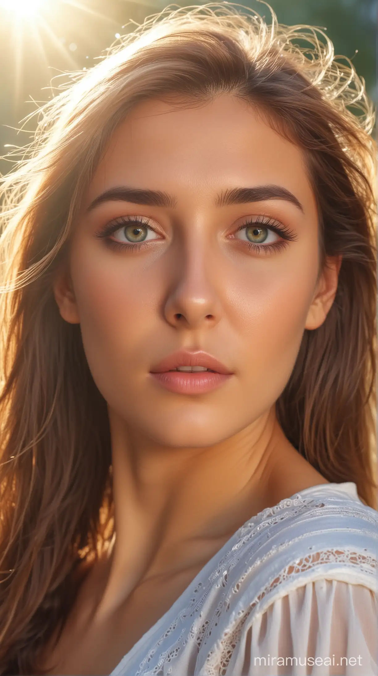 Serene Angelic Women Gazing into Sunlight on a Natural Background