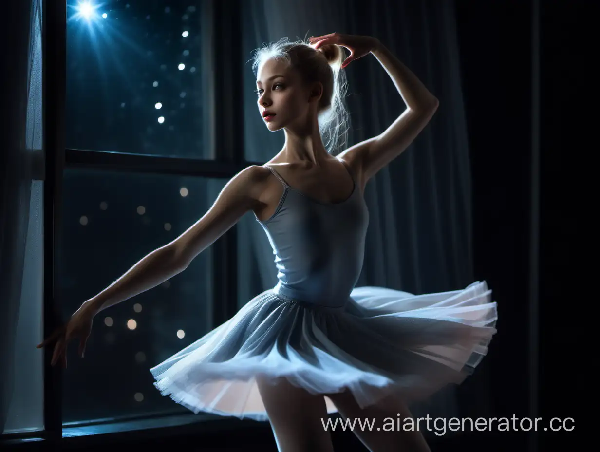 Maquillaje delicado，belleza rusa rubia con coleta，ojos celestes , cuerpo esbelto en un hermoso vestido gris de falda corta y zapatillas de ballet, bailando ballet sola en la oscuridad de la noche, con la luz de la luna entrando por un gran ventanal del oscuro salón, iluminado su figura y su angelical rostro.