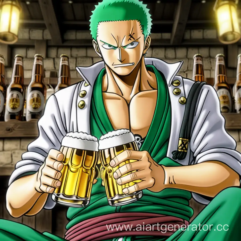 zoro from one piece using beer as a three swords