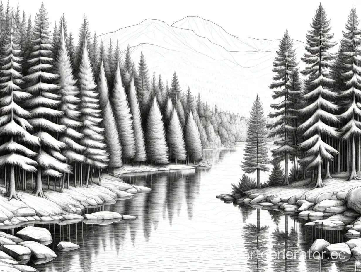 Максимально реалистичный максимально детализированный рисунок природы(сосны, ёлки, озеро, река) в стиле карандашной графики