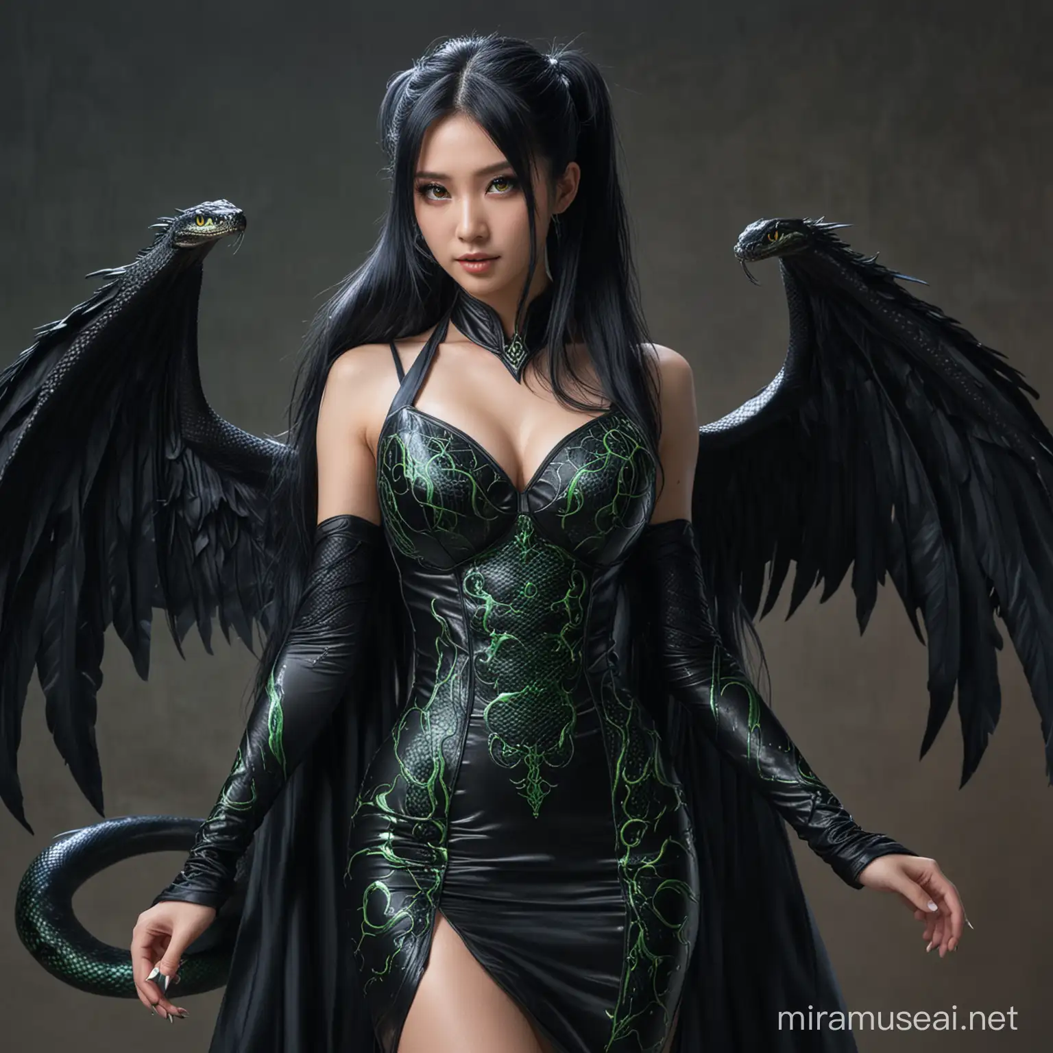 Japanische Frau, Lange schwarze Blaue Haare, Tight ponytail, glowing green eyes, Vampire wings, Black snake full body dress