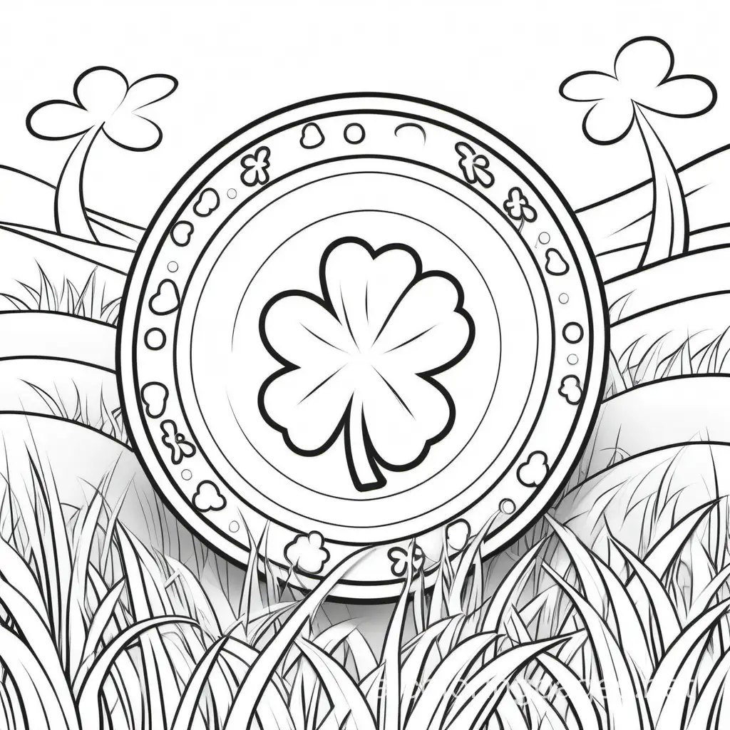 st.patrick's day or gold coin, cute, green on grass

, Coloring Page, black and white, line art, white background, Simplicity, Ample White Space. The background of the coloring page is plain white to make it easy for young children to color within the lines. The outlines of all the subjects are easy to distinguish, making it simple for kids to color without too much difficulty
