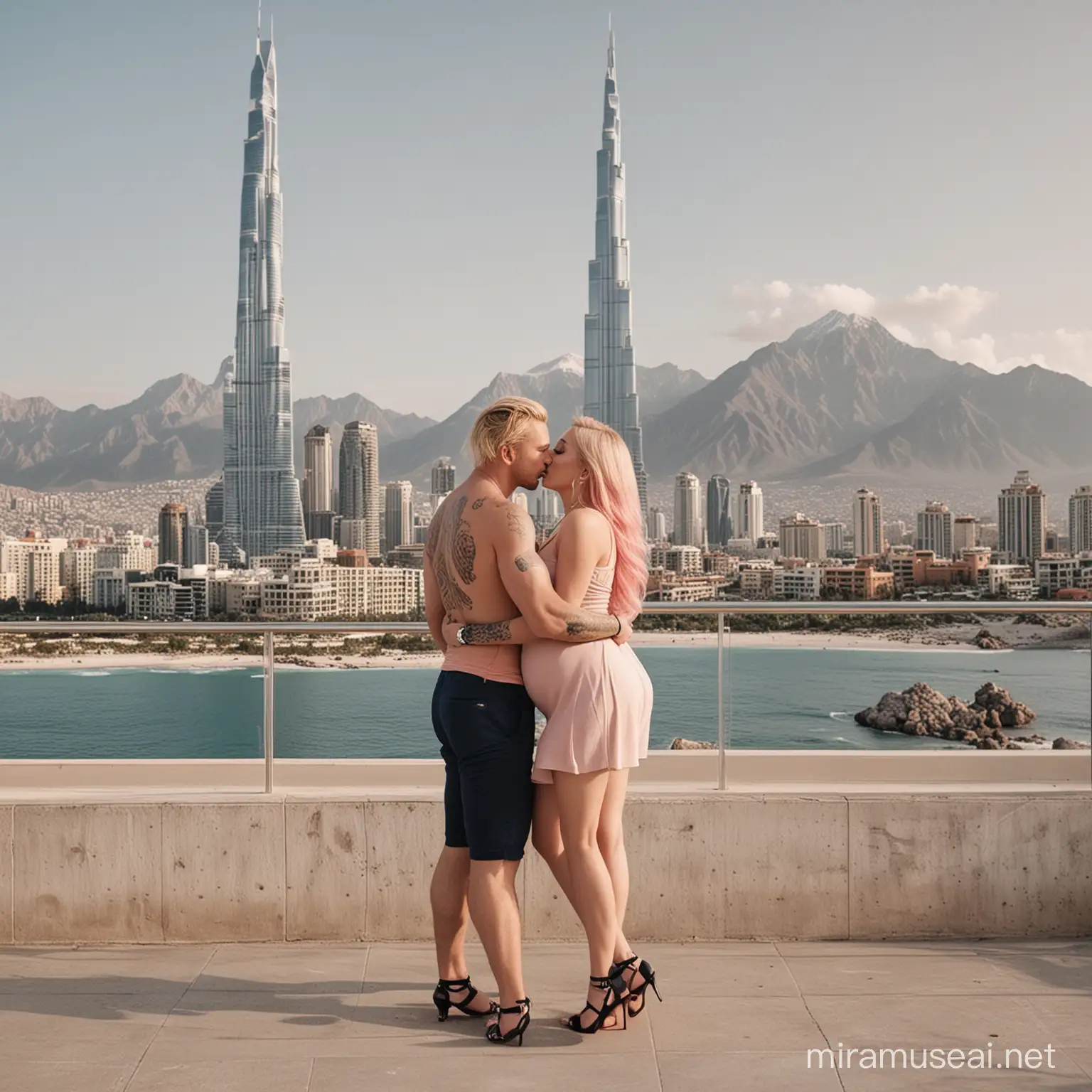 Romantic Kiss of a BlondePink Haired Pregnant Woman Muscular Husband near Mountain Ocean Skyscraper