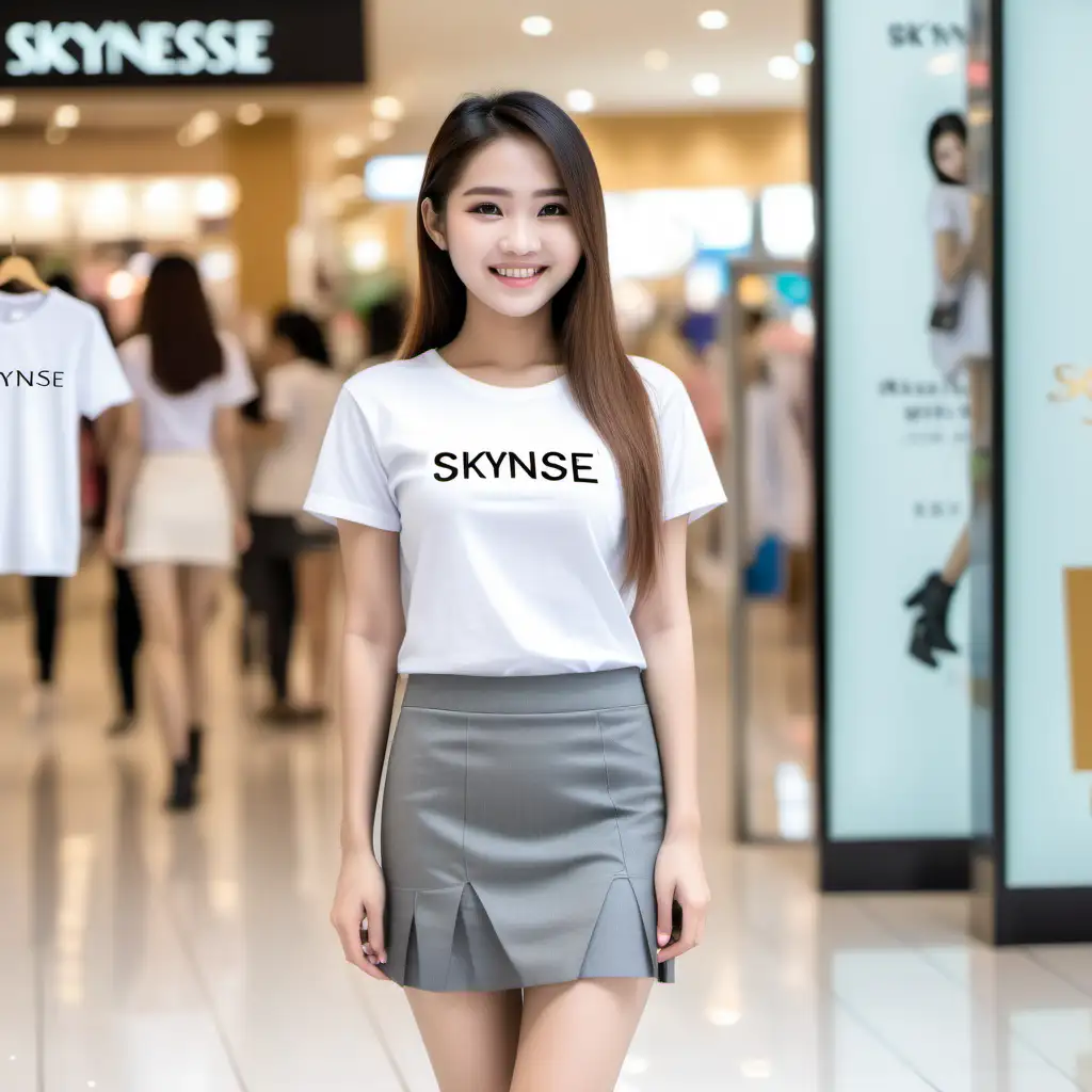 Thai cute woman age24 long hair white T shirt with a name Skynse mini skirt fresh smile stand at a mall,photo ultra realistic 18k portrait