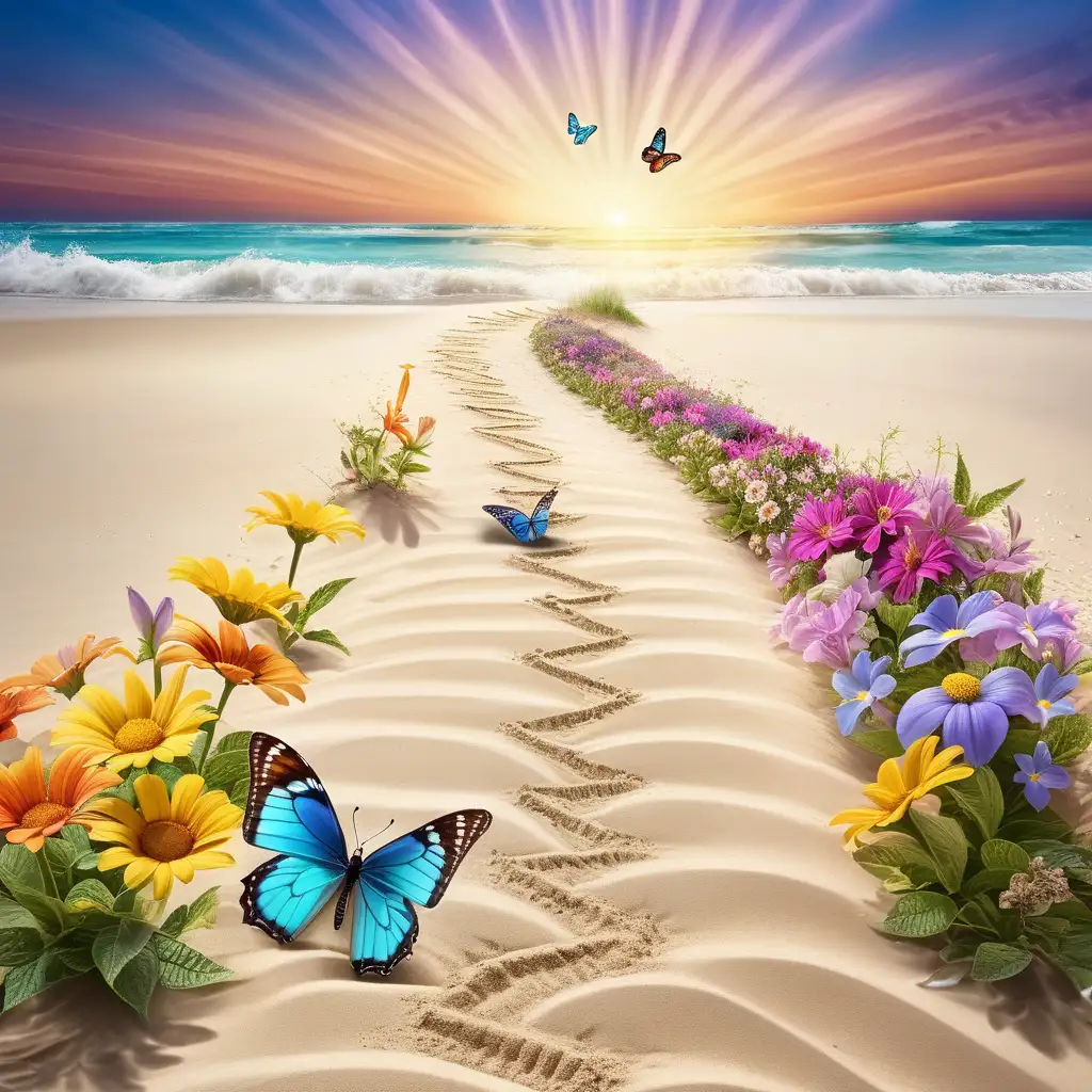 Enchanting Butterfly Trail in the Sand Vibrant Flowers Sun Rays and Ocean Waves