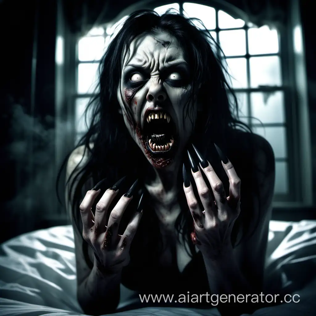 a horrifying nightmare scene of a zombie woman with long, curved black nails protruding from her fingers like menacing claws, her mouth is wide open, revealing a row of sharp, pointed teeth that resemble fangs. She lies on the bed trying to catch the observer, the dark room has the atmosphere of a nightmare, only a faint light bursting through the window, hyper realism