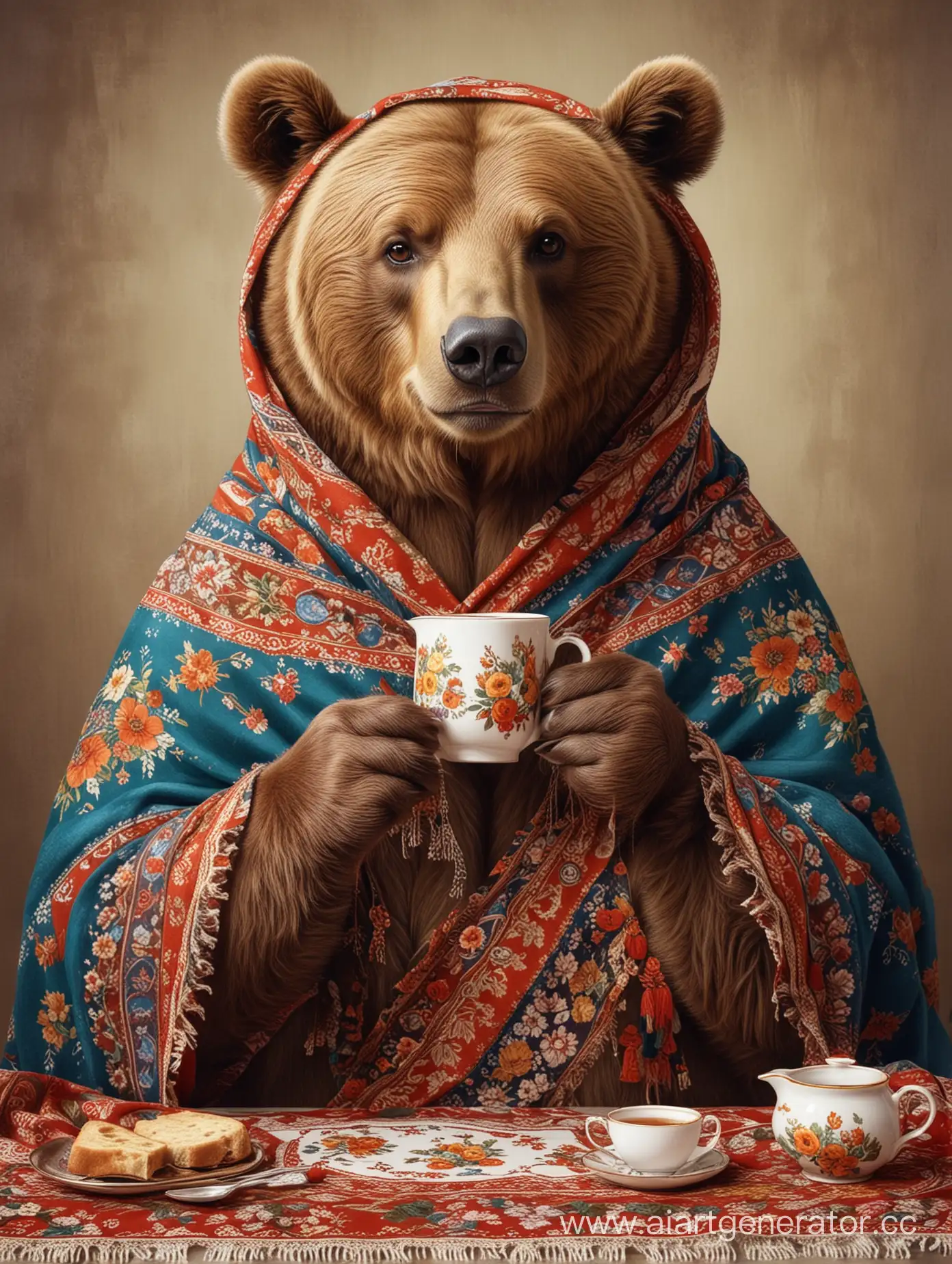 бурый медведь в русском платке с узорами работает пьет чай