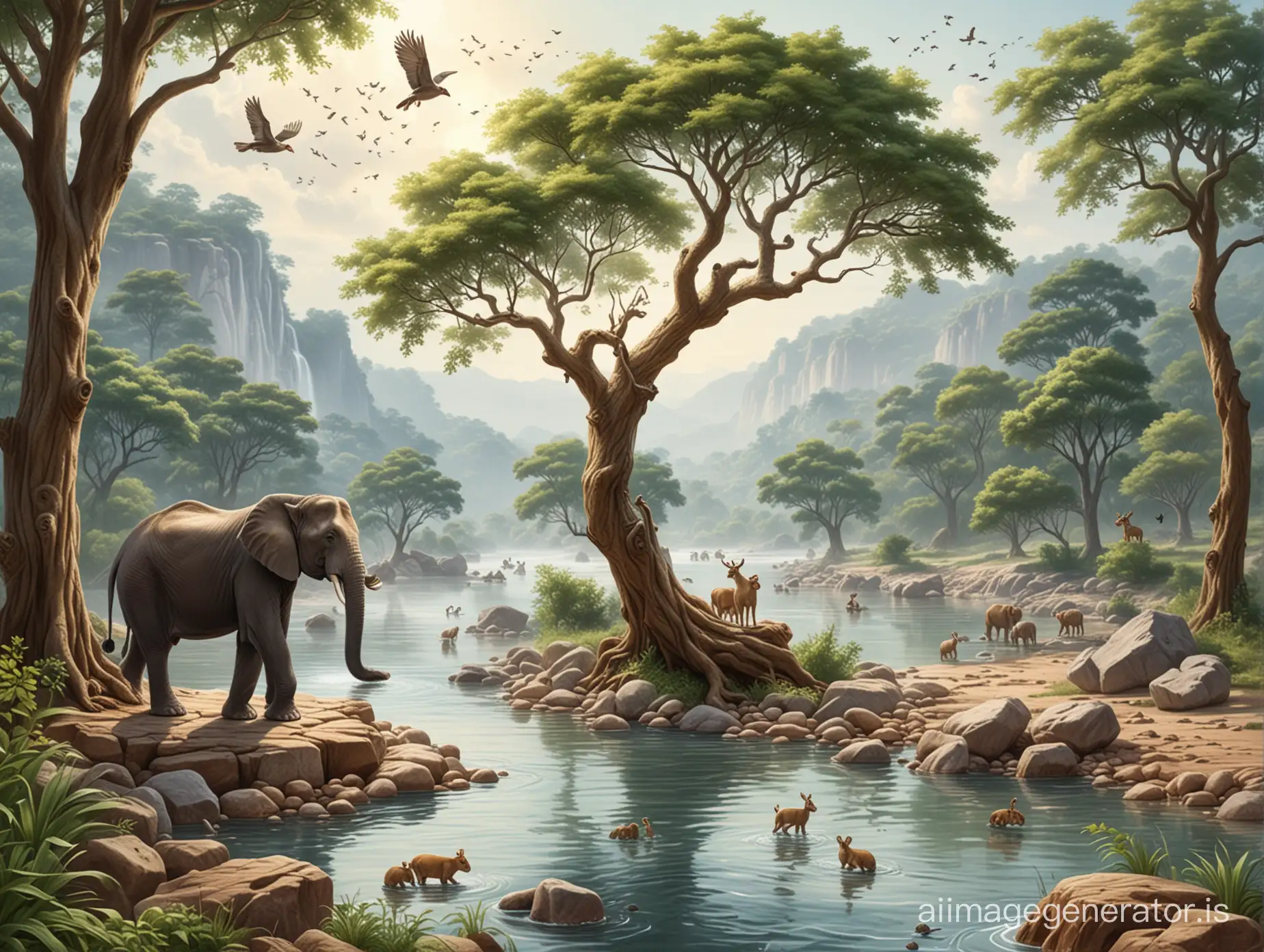 Create a detailed illustration of a river and a tree near that and rocks around, a monkey on the tree, an elephant drinking water from river, a deer drinking water from the river, rabbit drinking water from the river, birds flying, squirrel on the tree