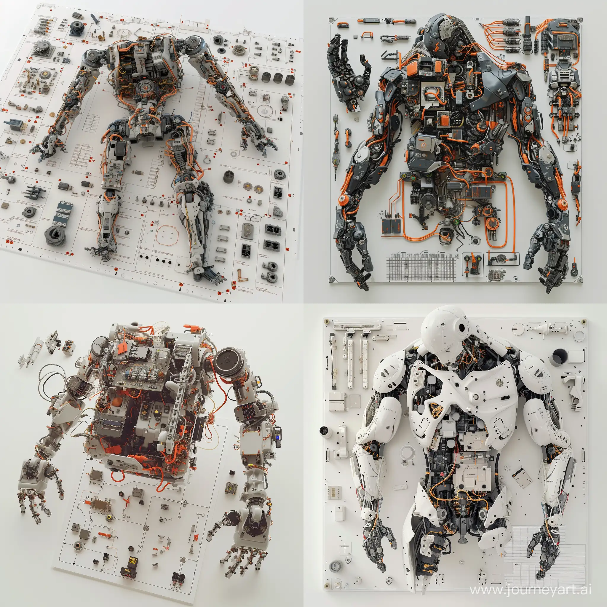 Exploded view of a modular computer-like robot with articulated joints, dislocated limbs, detailed layout, breakaway view revealing a dismantled state, parts breakdown visible on sprite sheet, 3d, ultra-detailed, octane rendering