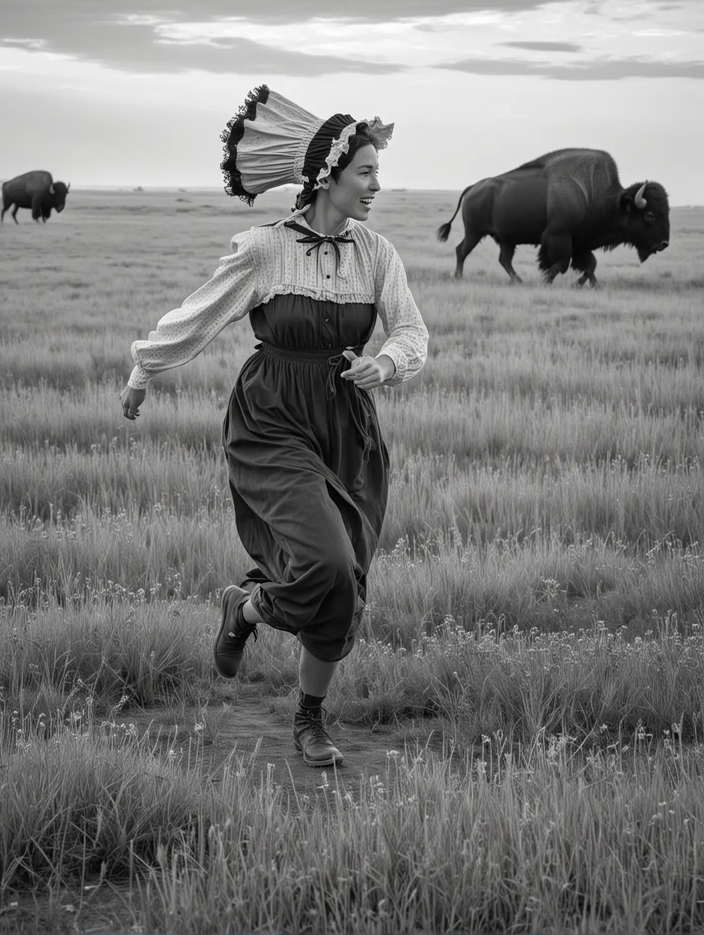 Pioneer Woman Running Across the Prairie with Buffalo in the Background