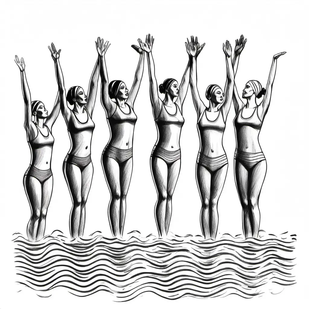 Create a hand sketch of synchronized swimming with joined hands.

All the drawing should fit in the image.
No colors. White background. No shades