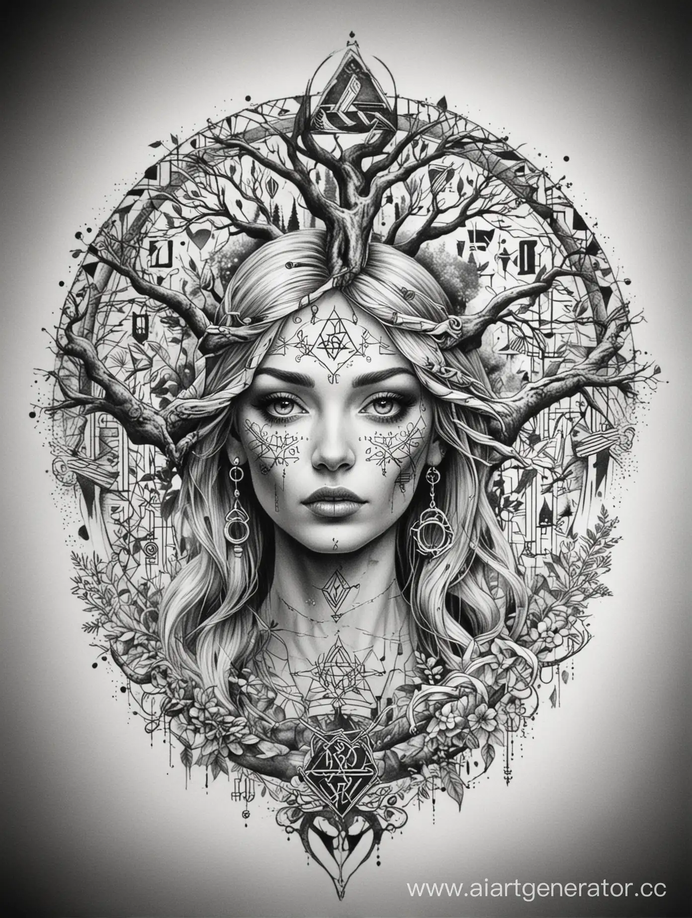 эскиз тату богиня лада с древом жизни и рунами, графика в стиле геометрии, черно-белая