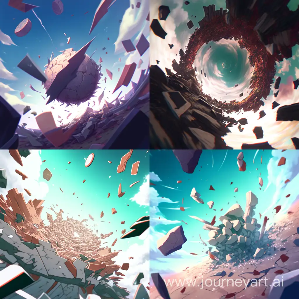 Worms eye view, Large pieces of rubble rising from the ground in a swirling pattern into the sky 