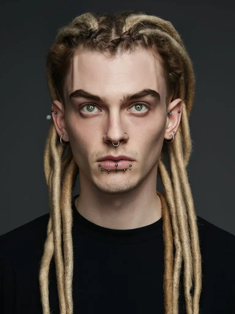 Boy, Fair skin, Green slightly narrow eyes, Some piercings above the lip in the nose and ears, Very light blond, Very long hair braided in dreadlocks, Wearing a black shirt