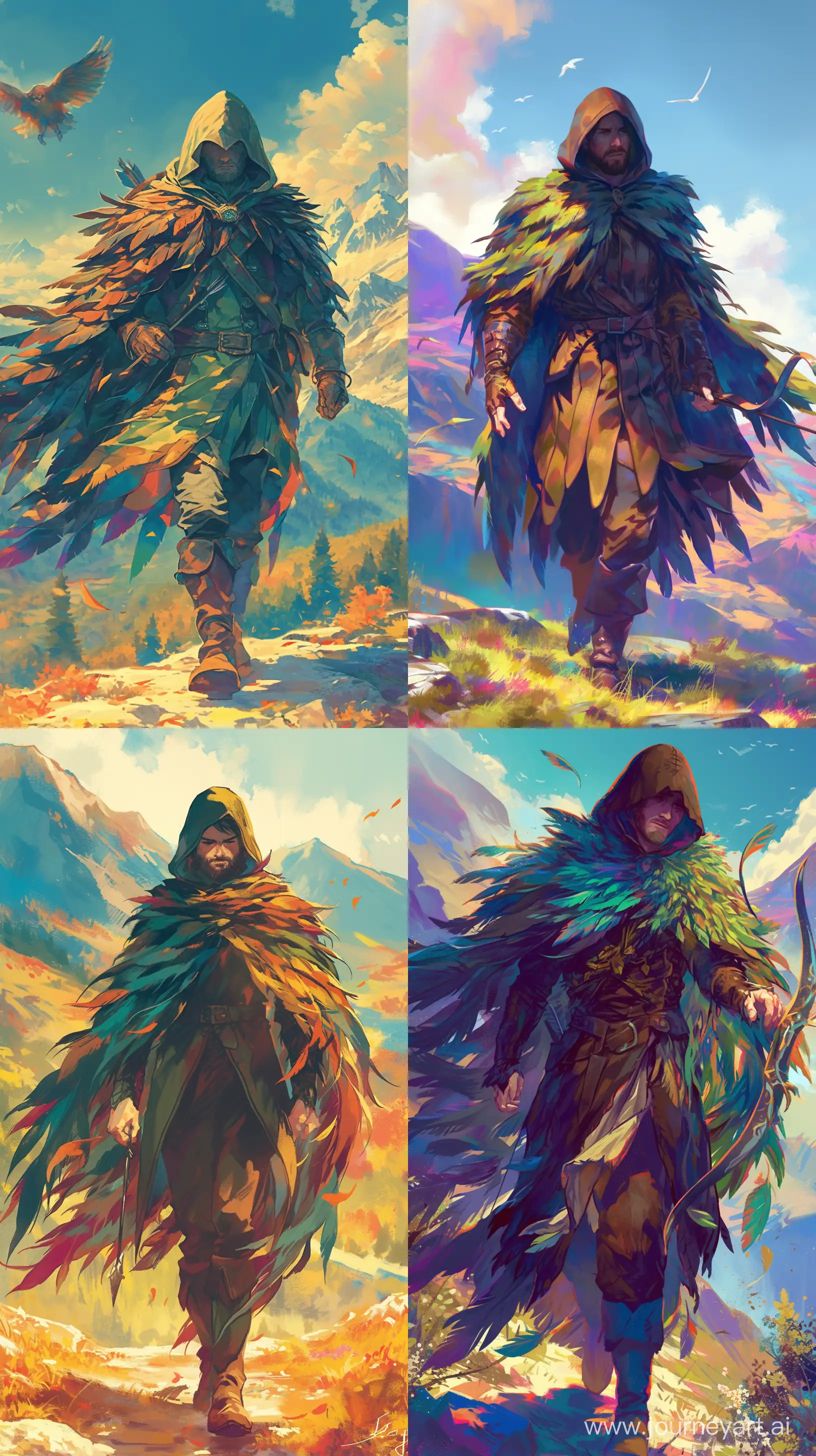 Ranger's Apprentice, a detailed and high-resolution illustration of a cloaked, hooded, short bearded male ranger character, he is an archer, and his plumage has a lot of forest colors, he is walking in a fantasy mountain background, vibrant colors, fantasy, Halt from Ranger's Apprentice --niji 6 --ar 9:16