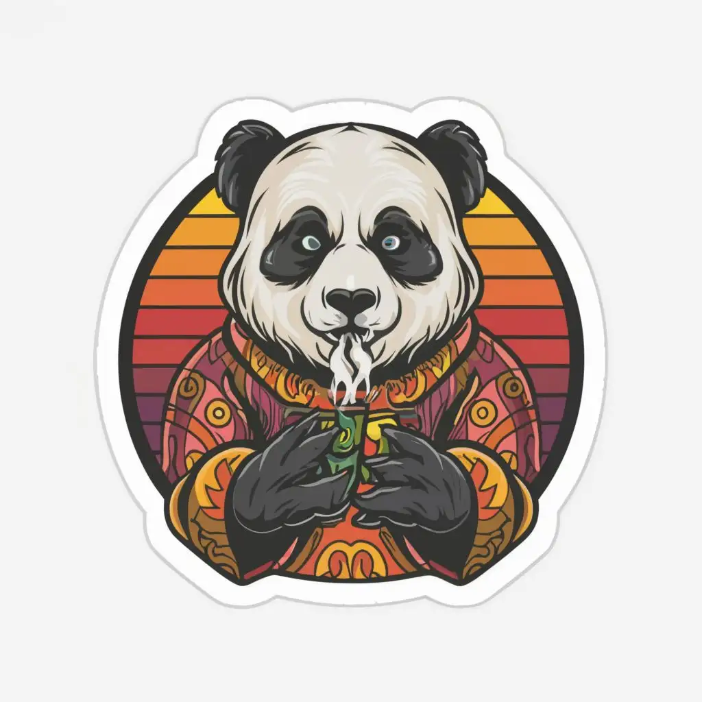 logo, logo, t-shirt sticker vector vintage Psychedelic panda smoking a joint ,  no words , large image,white background full color fill image ,Contour, Vector, white background, no copyright, no watermark, no words, ultra Detailed, ultra sharp narrow outlined image, no jagged edges, vibrant neon colors, typography, , with the text ".", typography