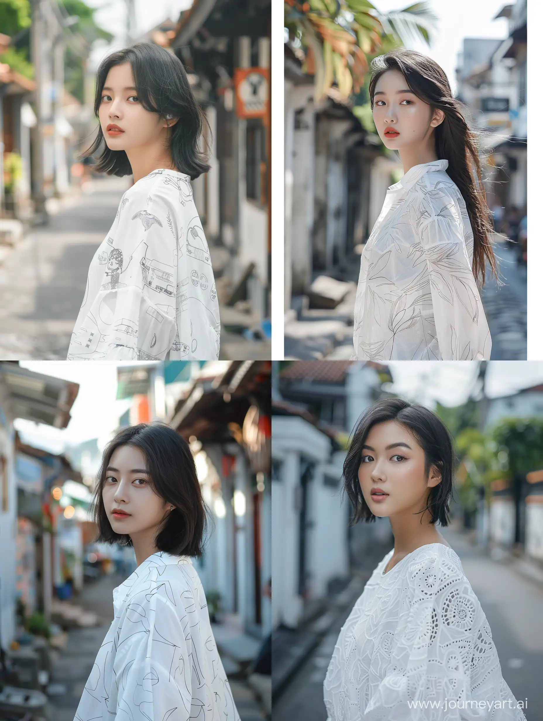 A beautiful Asian woman ,wearing white oversize motived blouse standing on indonesian street,profile,headshot,and facial features resembling Blackpink's Jennie.--v 6