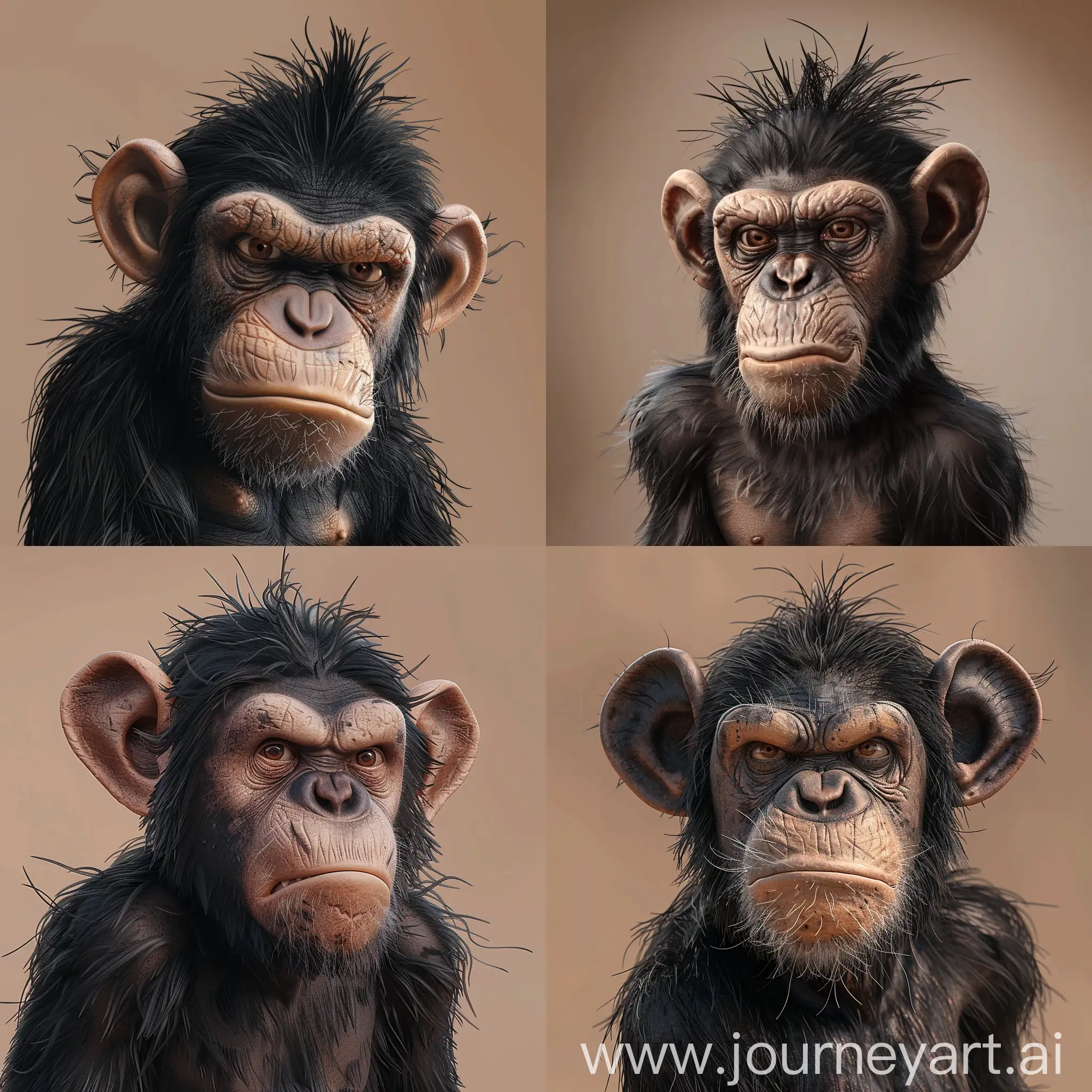 Realistic 3D drawing type image where you see a chimpanzee monkey, the expression of its angry face with the mouth closed twisted to the side, with long spiked black hair and disheveled on the head of the head, , the eyebrows are prominent, the ears are very large, , with large brown eyes the background of the image that is a light brown color