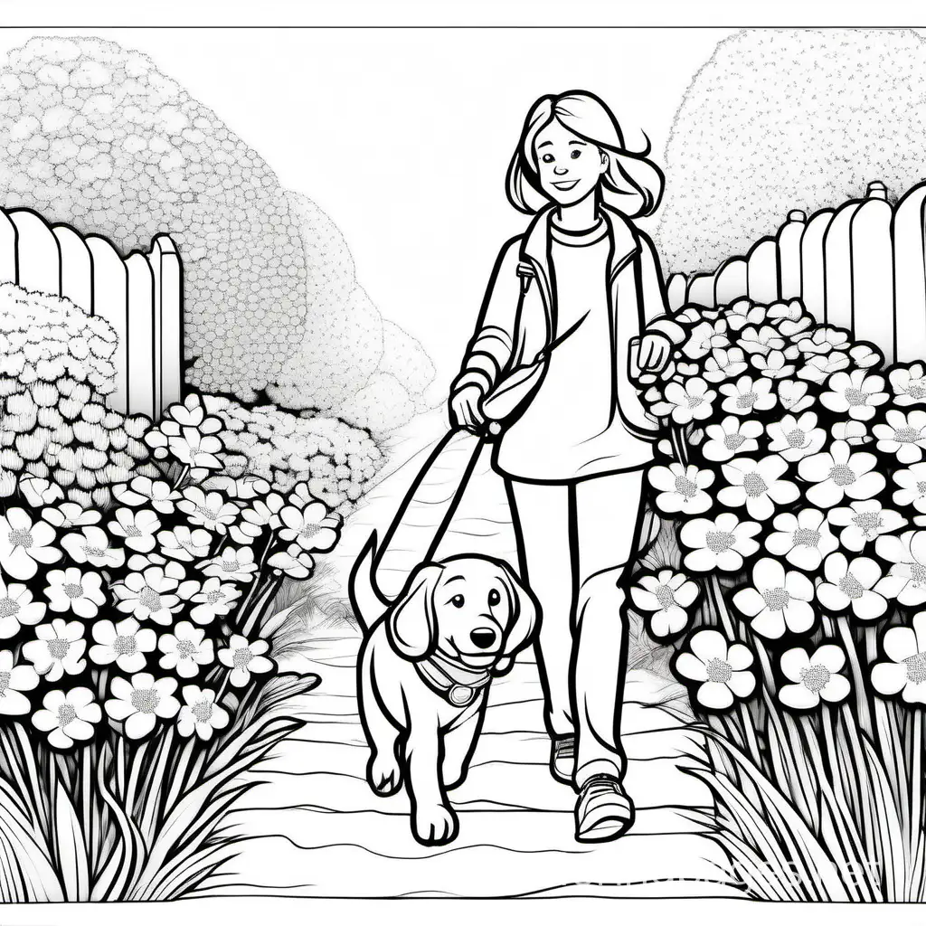 A dog walking with her child in a flowers place, Coloring Page, black and white, line art, white background, Simplicity, Ample White Space. The background of the coloring page is plain white to make it easy for young children to color within the lines. The outlines of all the subjects are easy to distinguish, making it simple for kids to color without too much difficulty