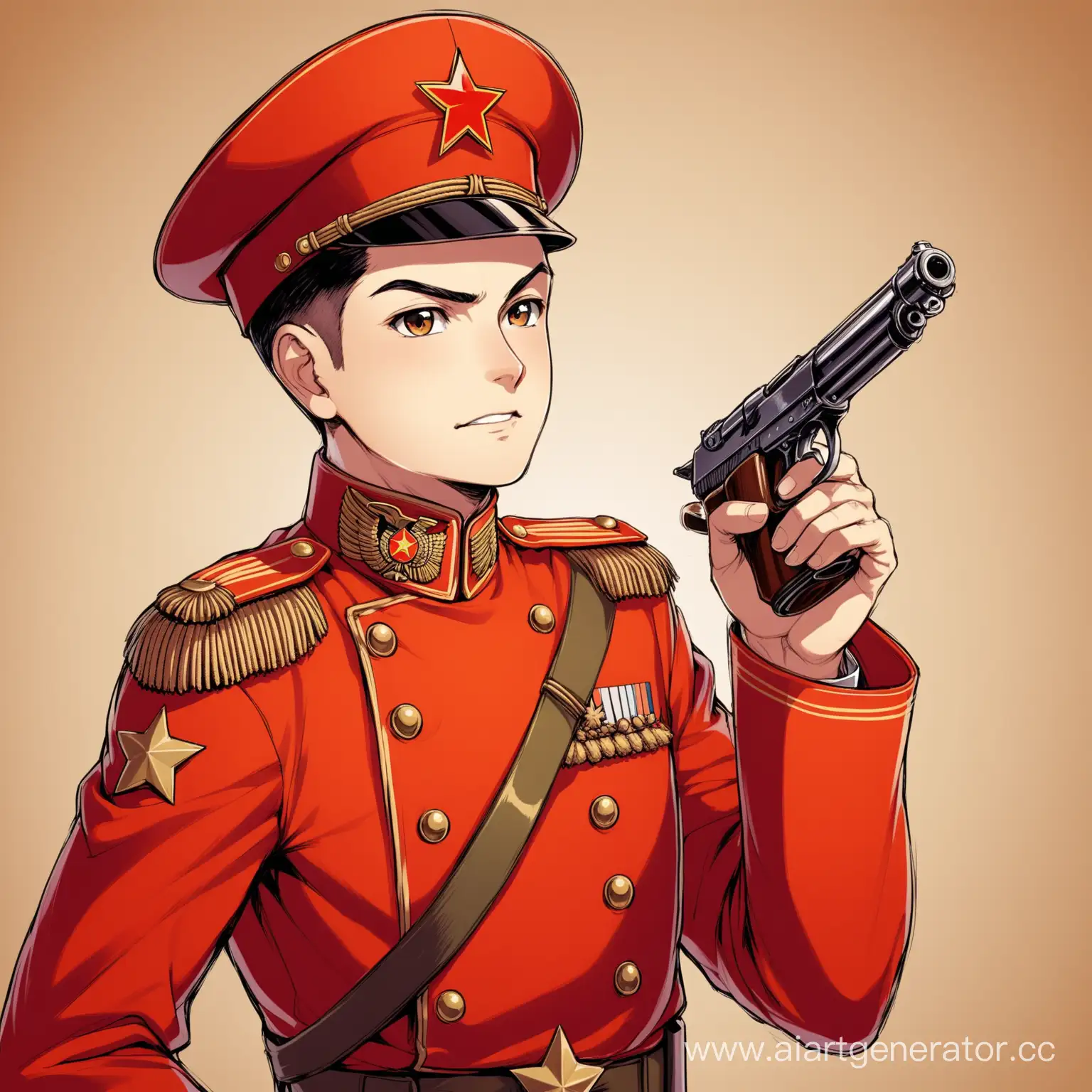 персонаж, adopt. Мужчина солдат начала в форме красноармейца начала 20 века, в фуражке, с погонами и пистолетом в руке. 