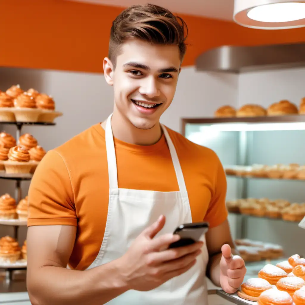 Smiling Young Man Embracing Digital Success in Kitchen