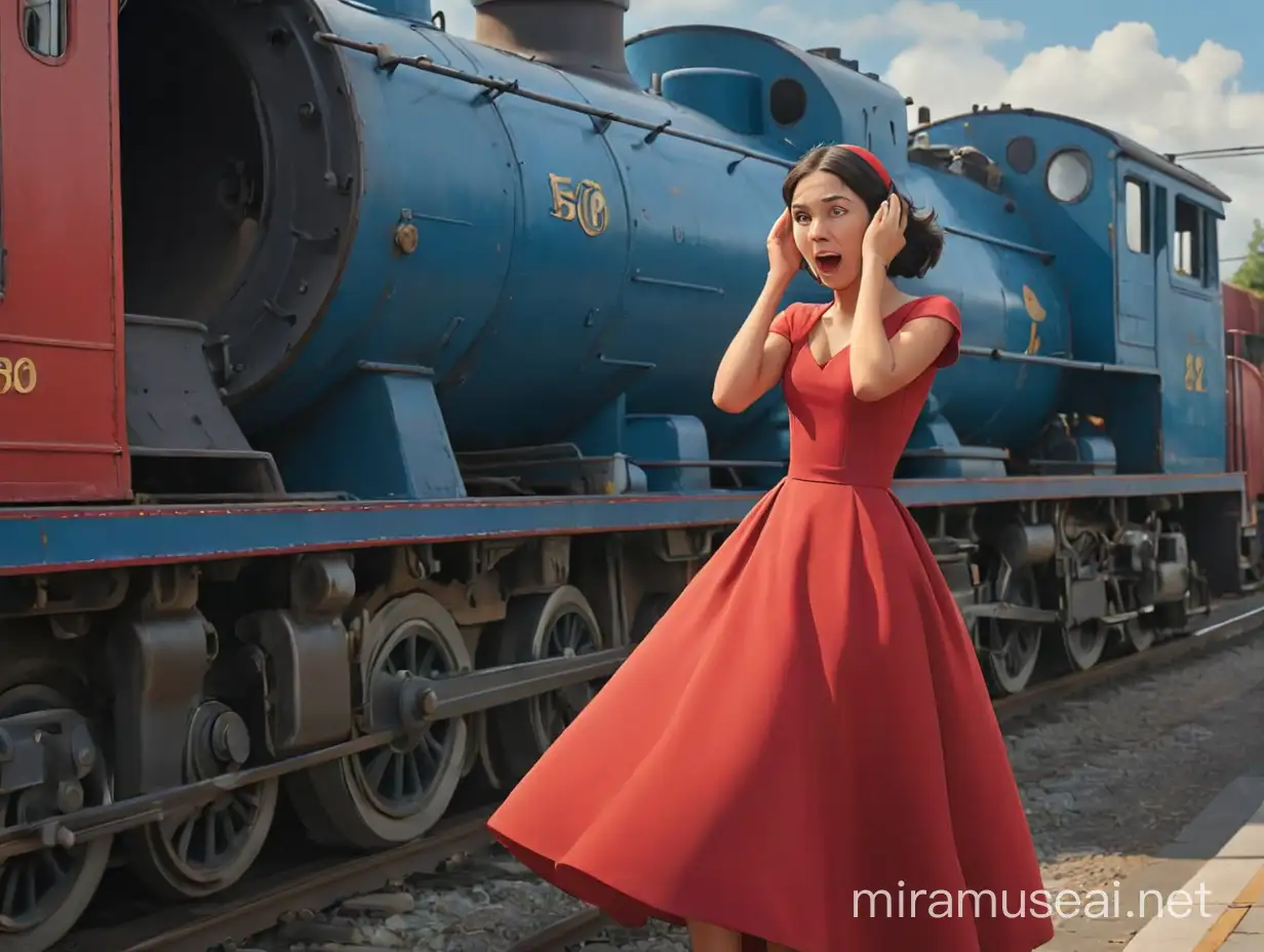 Una mujer con un vestido rojo se tapa los oídos mientras pasa una locomotora azul haciendo ruido.
