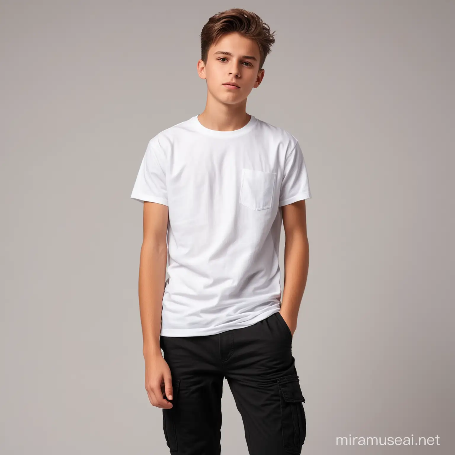 teenager boy, using a t-shirt with classic fit and crew neck, wearing black cargo pants, photographic background white