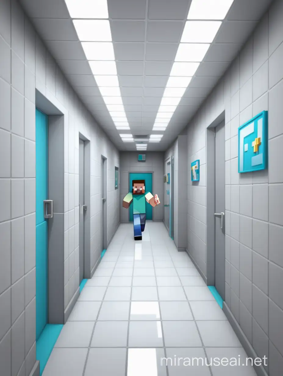 corridor of modern clinic with people as Minecraft