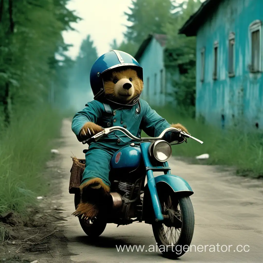 a cheerful little bear in a helmet drives a motorcycle, a piglet in a helmet sits in a cradle, a blue Soviet motorcycle, in the aesthetics of Tarkovsky