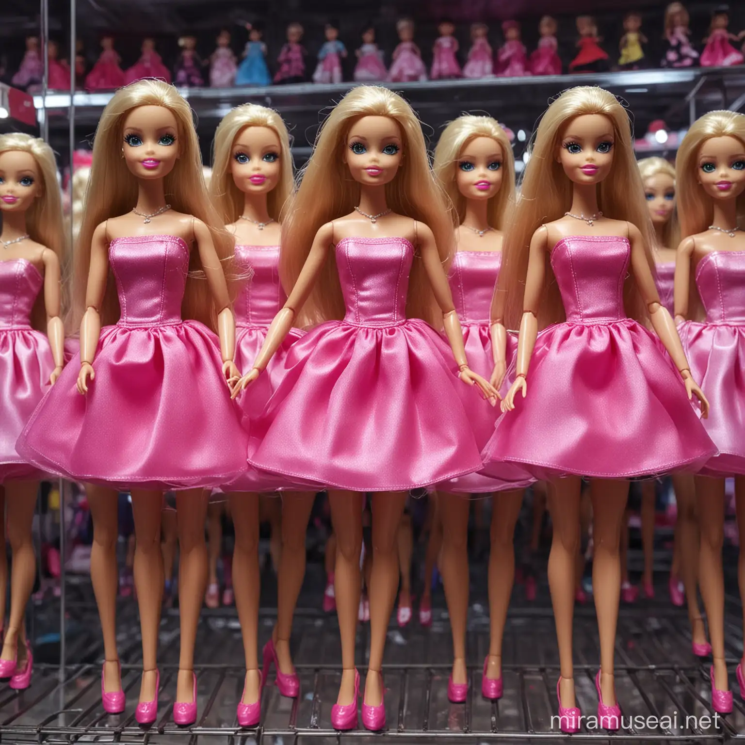 Spooky Haunted Barbie Dolls Displayed in Nighttime Toy Store