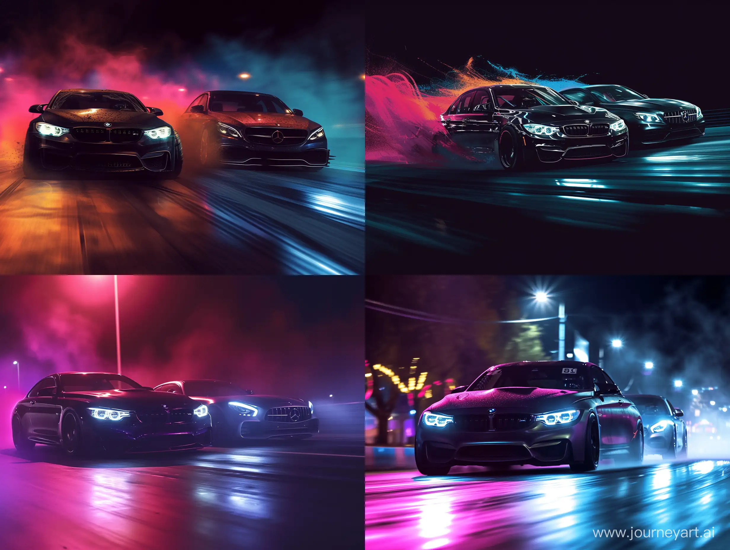Create an image: drag racing, dark colors, BMW vs Mercedes