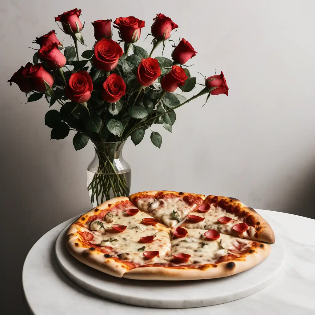 A pizza next to a vase of roses