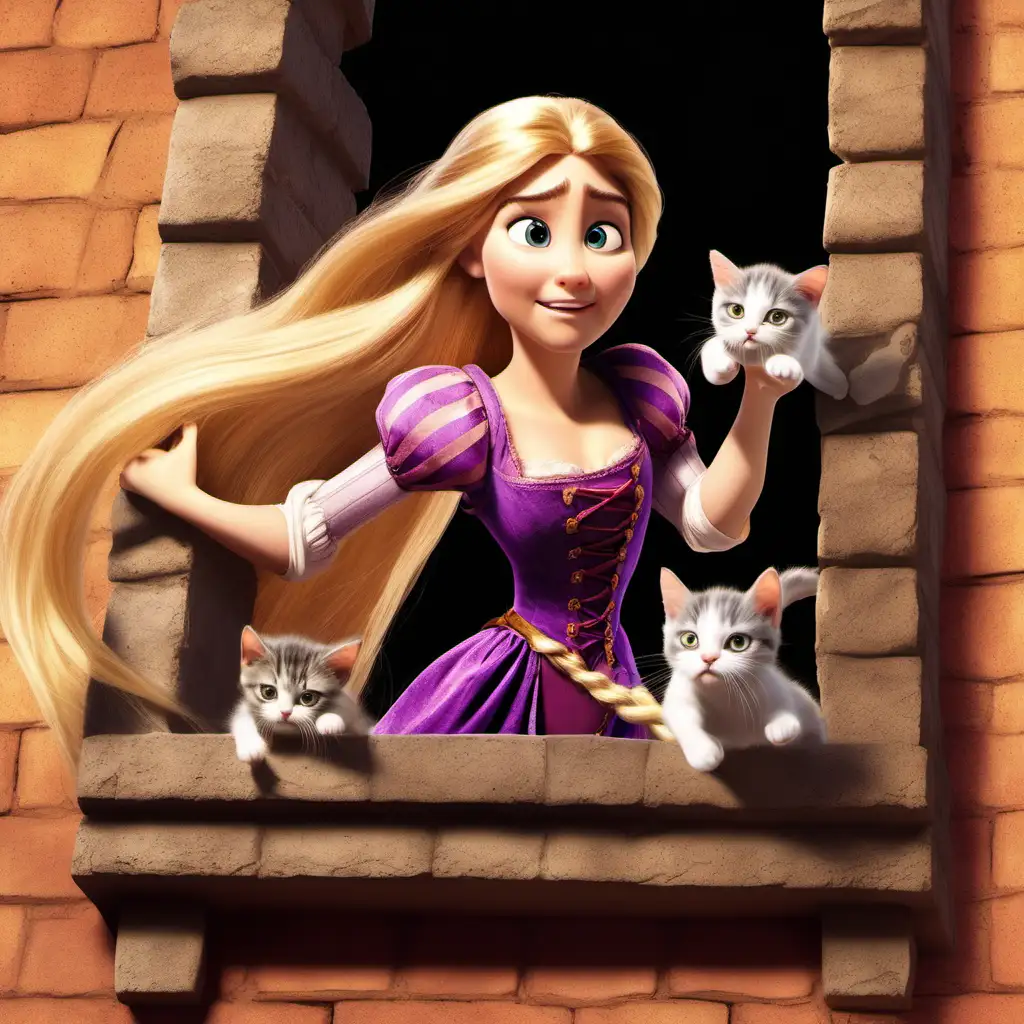 Rapunzel Furious Tossing Kittens from Tower Window