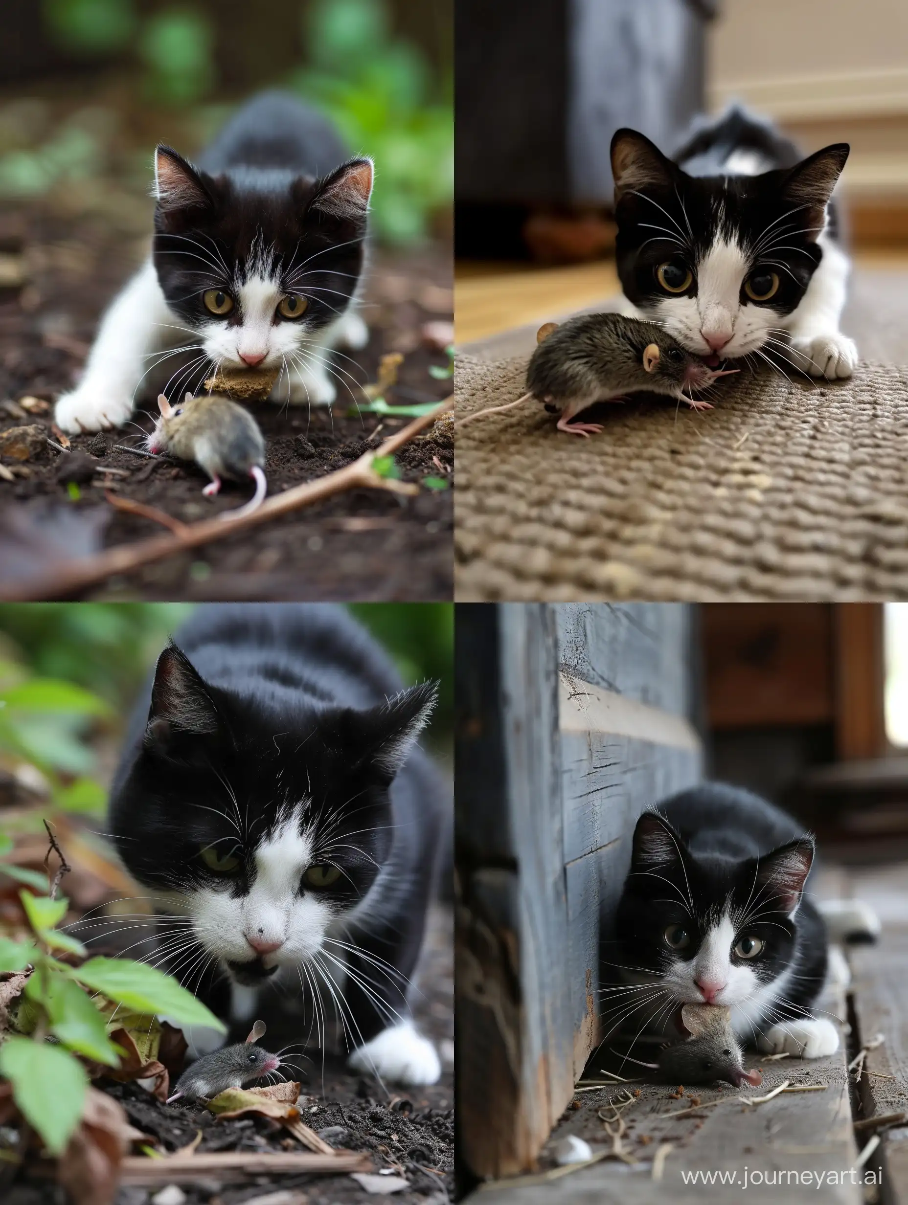 un gros chat noir et blanc, mange une souris