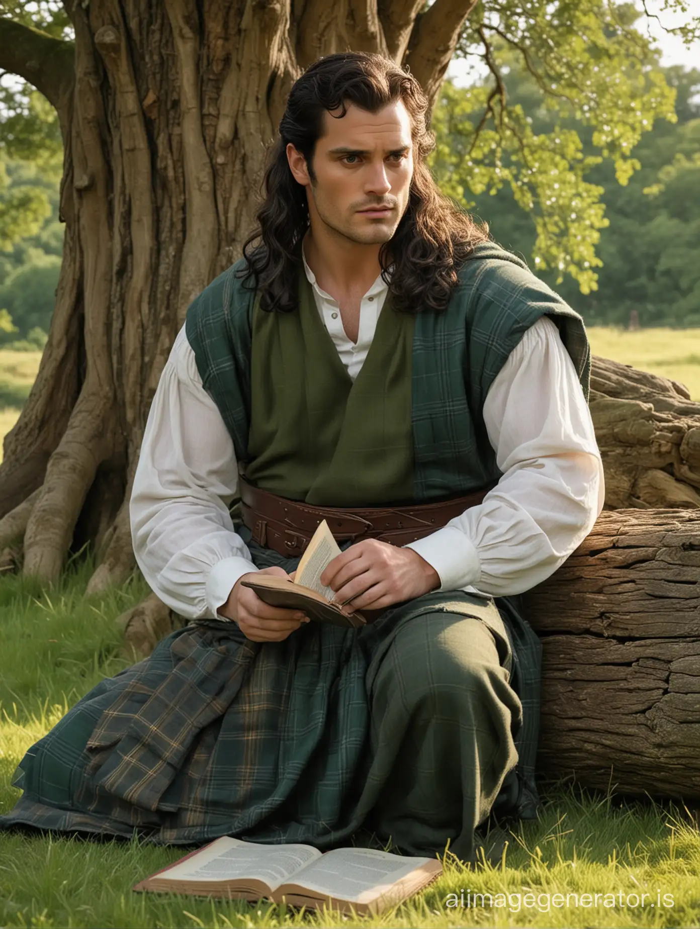 A Renaissance Highlander who looks like Henry Cavill, long black hair loose over the shoulders with a single braid on one side of the temple, dark eyes and melancholic expression, hyperrealistic sitting on the grass under a tree with his back against the log reading a book in Scotland during sunset dressed in a dark green kilt with grey squares