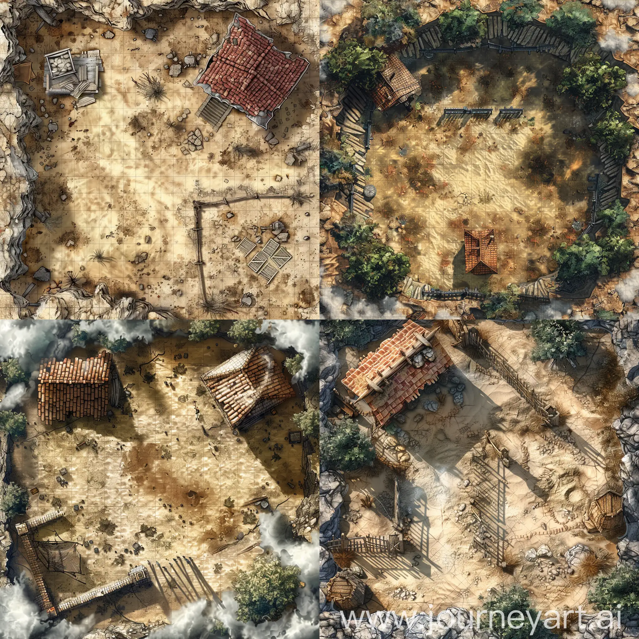 2D sky's view centered VTT battlemap represting a small guard control point in hell, with a hut and an adjacent fenced fight pit with a mix of sand and stone ground.