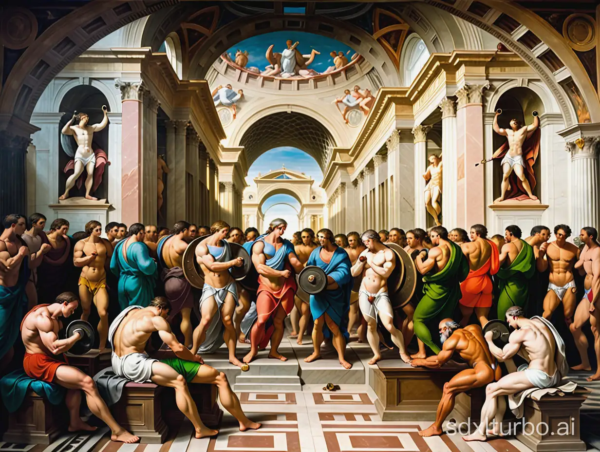 oil painted by Raphael style, The School of Athens but muscle gym version, where philosophers are doing weightlifting with dumbbells and weight plates