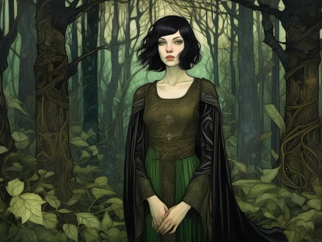 Enchanting BlackWizard in Night Forest Medieval Fantasy Art