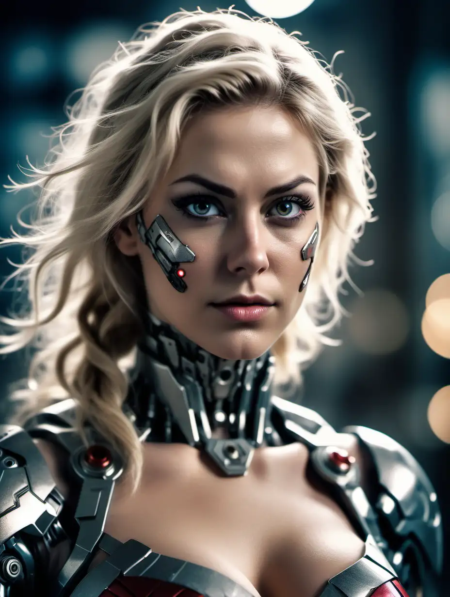 Beautiful Nordic woman, very attractive face, detailed eyes, big breasts, slim body, dark eye shadow, messy blonde hair, dressed as a female version of the hero Cyborg from justice league, close up, bokeh background, soft light on face, rim lighting, facing away from camera, looking back over her shoulder, photorealistic, very high detail, extra wide photo, full body photo, aerial photo