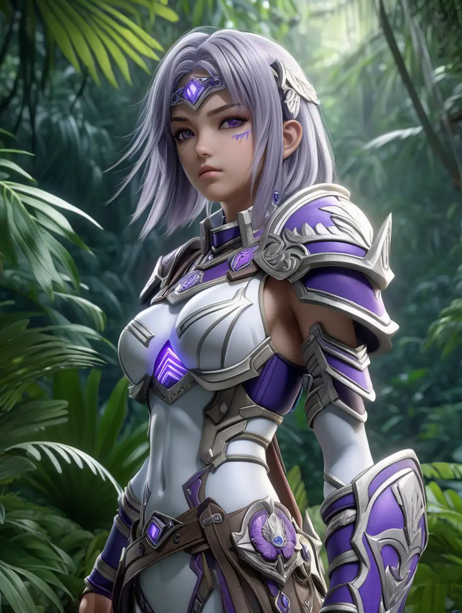 (cinematic lighting), An anime beautiful girl warrior immersed in the lush and mysterious landscapes of a Mediterranean jungle. Envision her clad in practical yet elegant white and purple trim warrior attire, wear boots, greyish hair, Her eyes reflect a mix of determination and vigilance, full body photo, angle from below, intricate details, detailed face, detailed eyes, hyper realistic photography,--v 5, unreal engine, no weapon in the image, dark background in image,