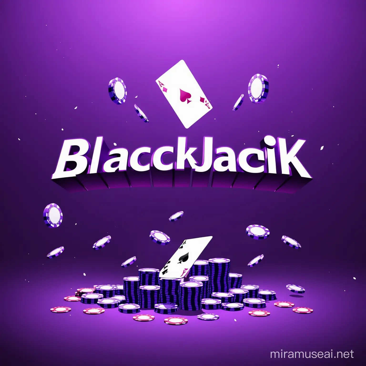 3d BLACKJACK text, blackjack card and chips game logo minimalistic chips flying in environment purple gradient background  cartoonish