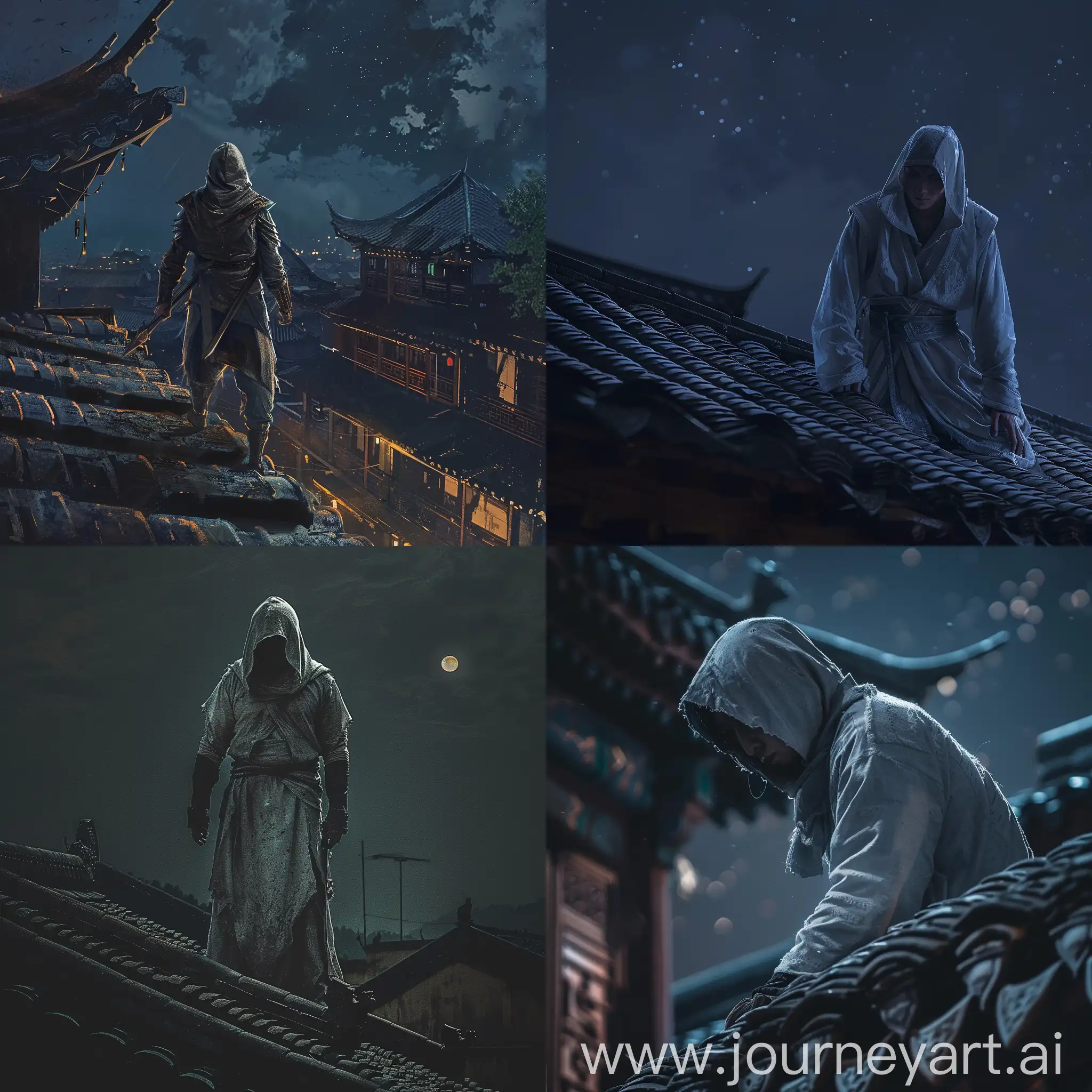一个戴着兜帽，站在屋顶上的古代刺客，夜晚，中国风，横向构图