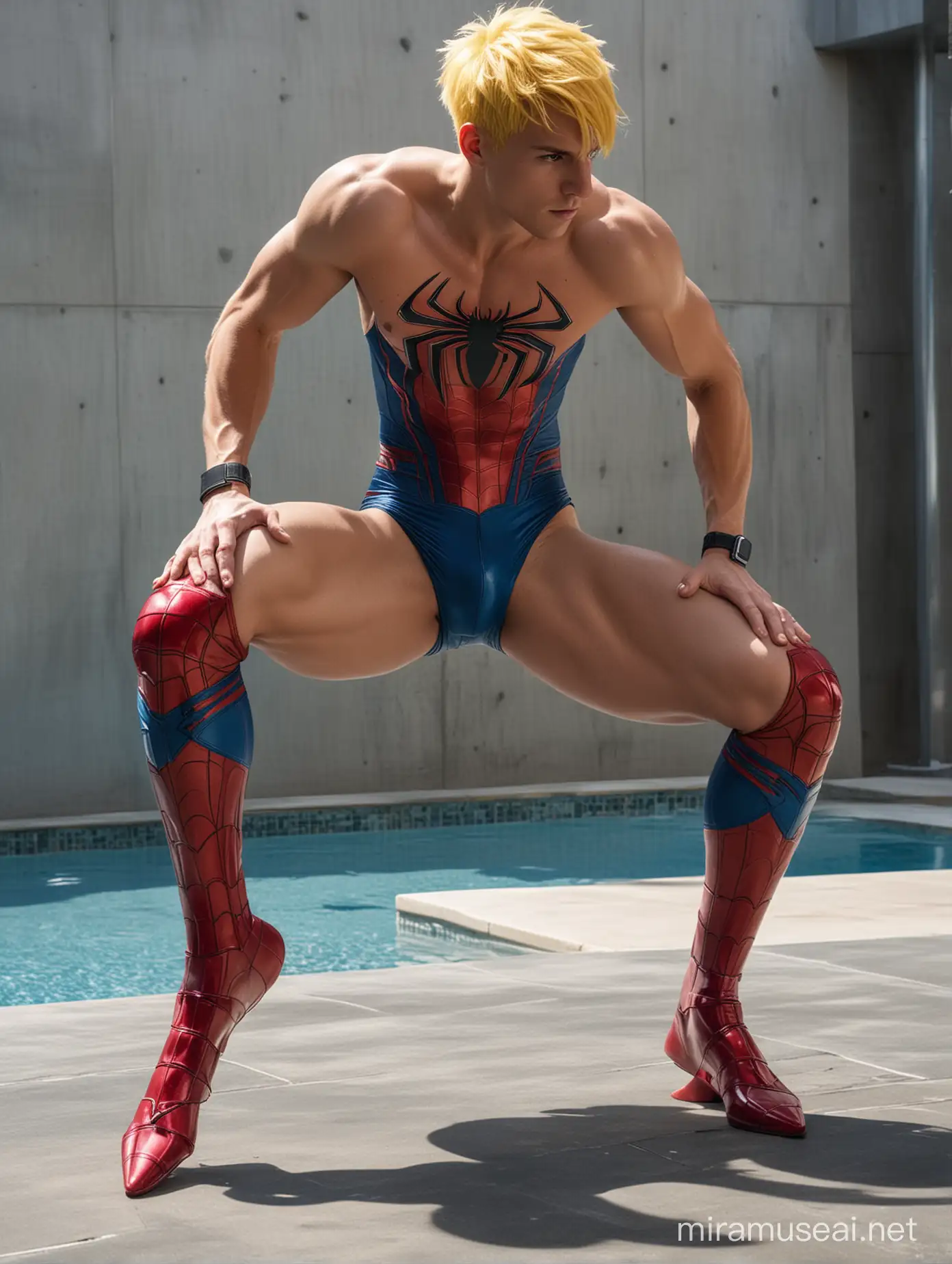 Futuristic Athletic Man by Poolside Sculpted Physique in Red and Blue Shorts