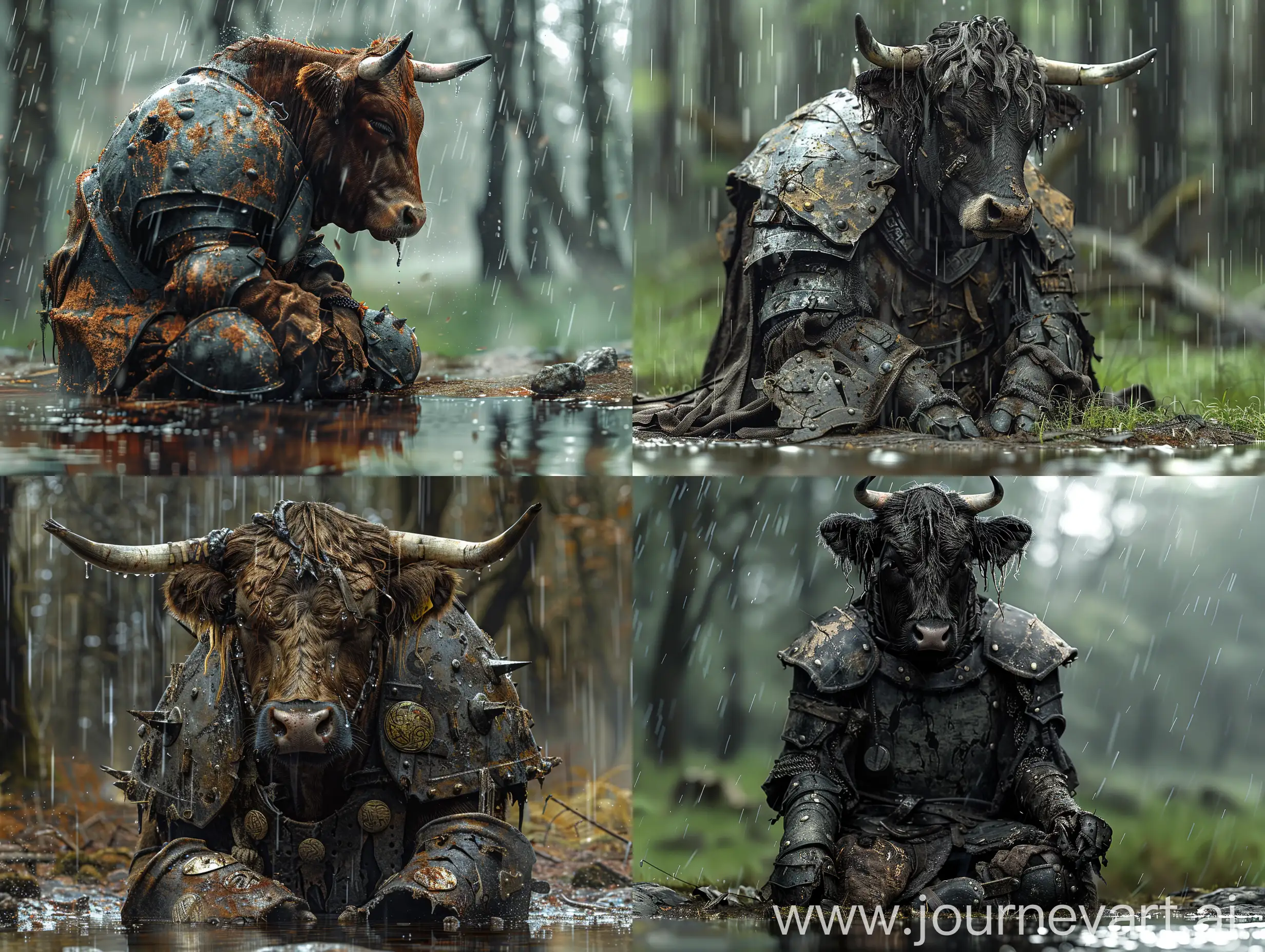realistic image of cow wearing worn-out medieval armor sitting tired and exhausted, injured from battles in the middle of a forest, with effects as rain, thunder, fog, reflections in pools of water, and raindrops on the armor. realistic creative touches, amazing image that competes with international images. details of the animal and the shield, clear traces of the battles the animal fought.scratches, holes and traces of rust on the armor. Some broken and missing parts of tHE SHIELD  --style raw --stylize 750