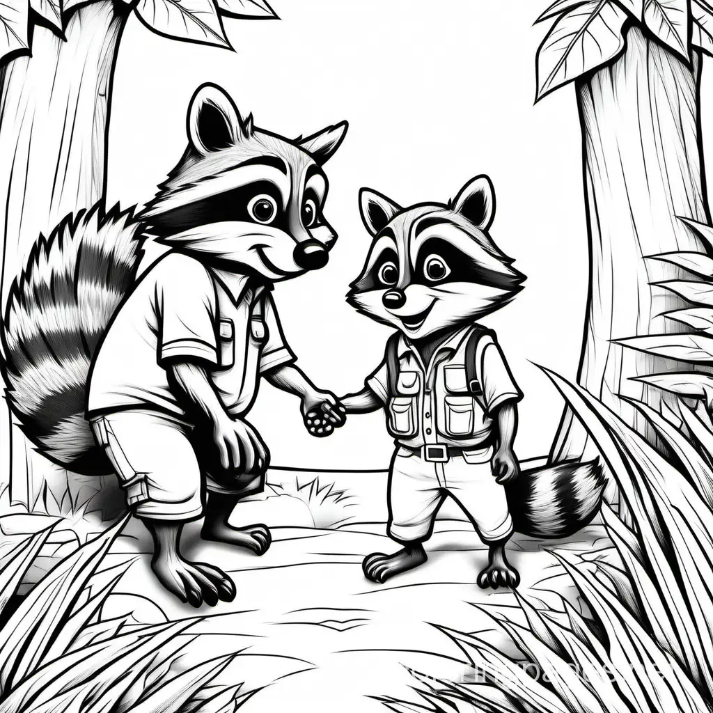 Racoon Encounter: Meeting a curious raccoon., Coloring Page, black and white, line art, white background, Simplicity, Ample White Space. The background of the coloring page is plain white to make it easy for young children to color within the lines. The outlines of all the subjects are easy to distinguish, making it simple for kids to color without too much difficulty