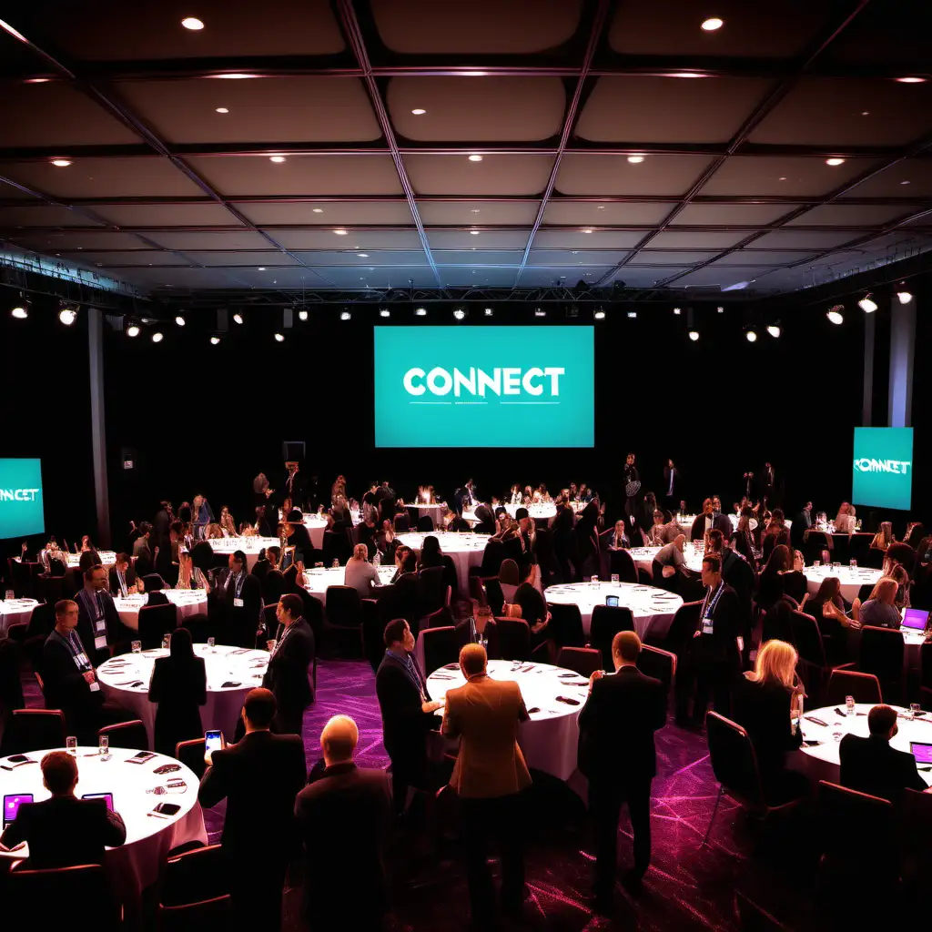 Professionals attending a conference with 'Connect Event' branding. Keywords: Conference, Networking, Branding, Smartphone Camera, Wide Shot, Vibrant Colors, Light Editing
