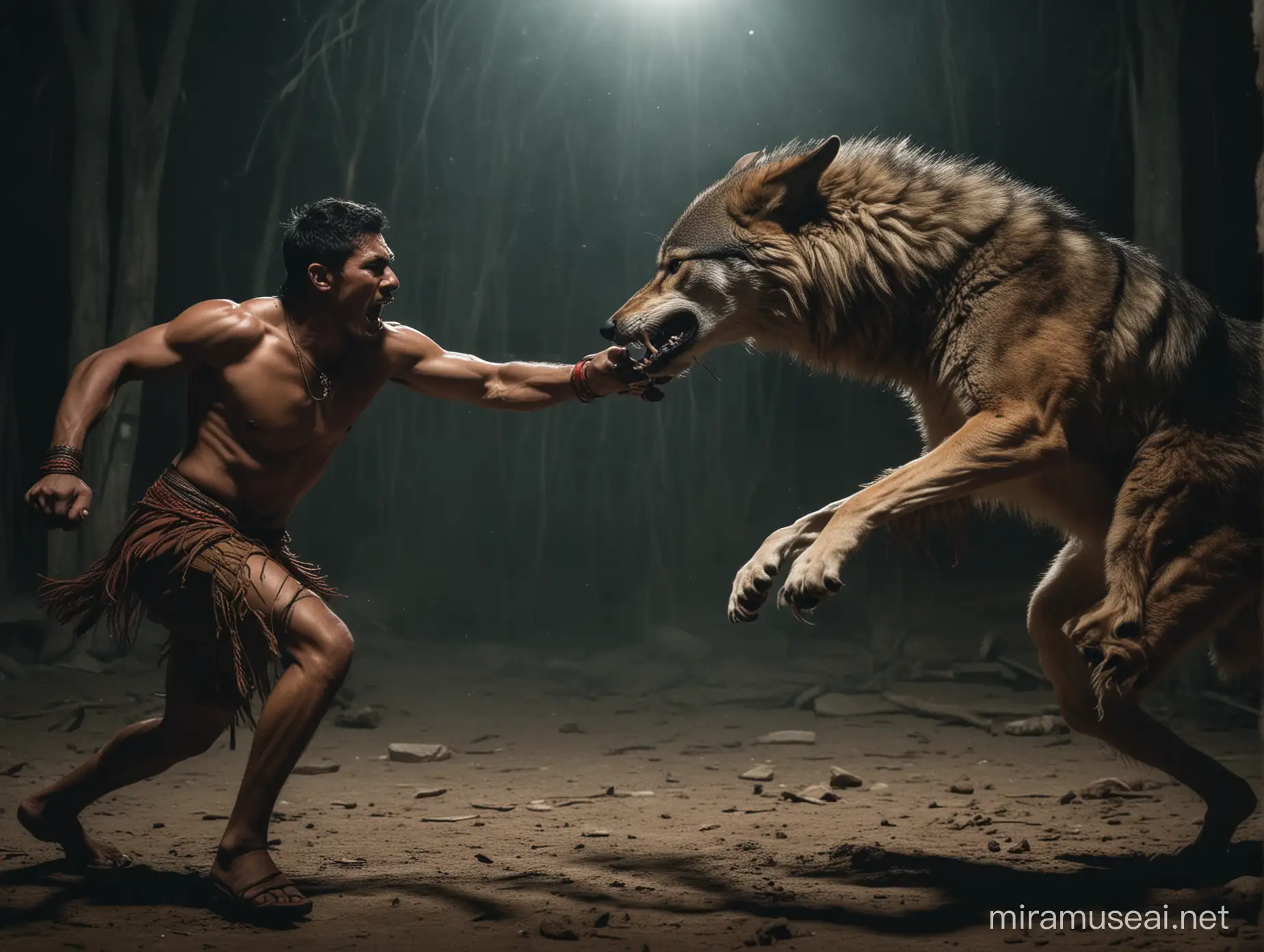 Un lobo feroz atacando a un hombre maya durante  oscura por la noche