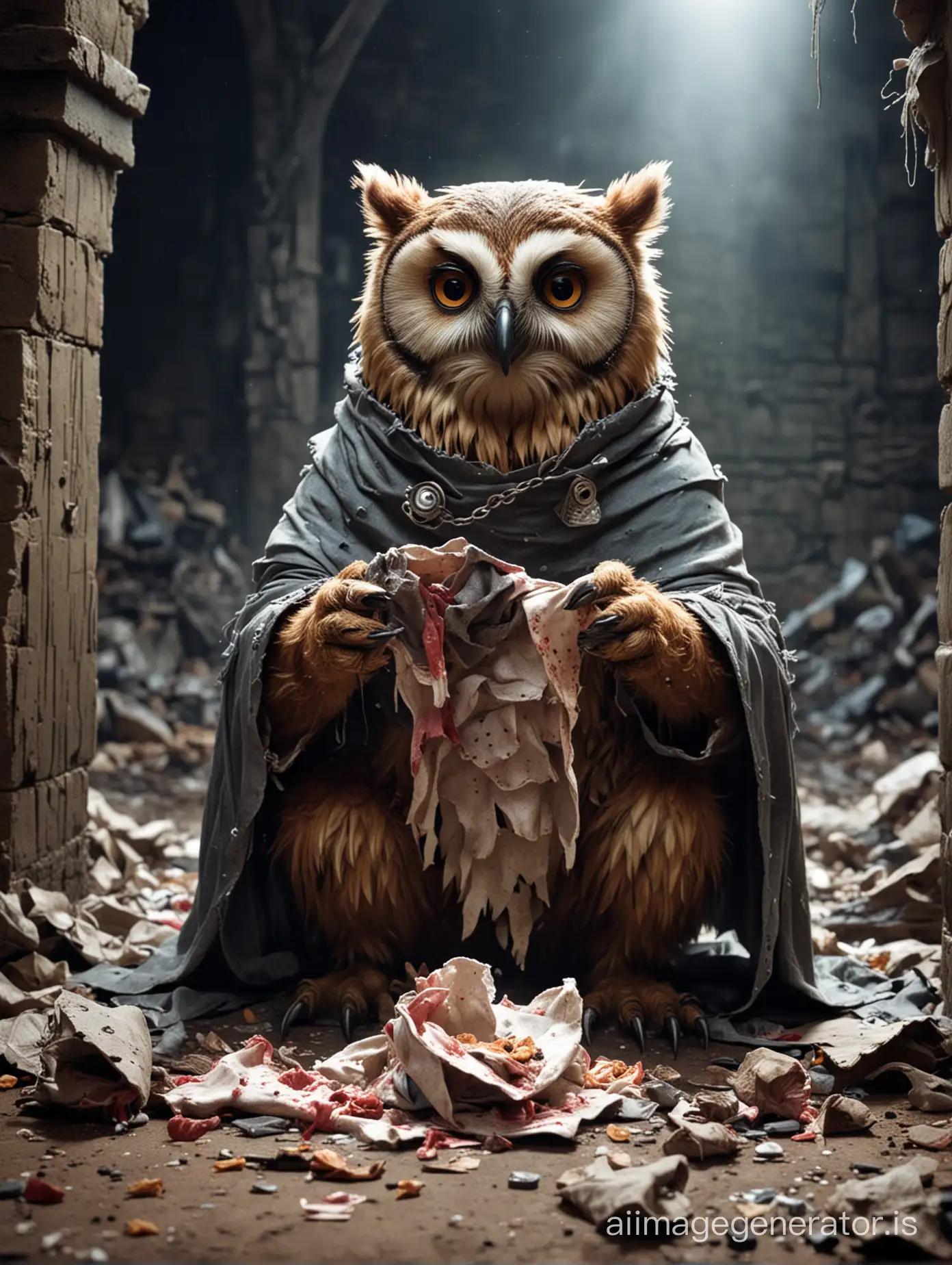 bear-owl in a dungeon eating ripped up clothes